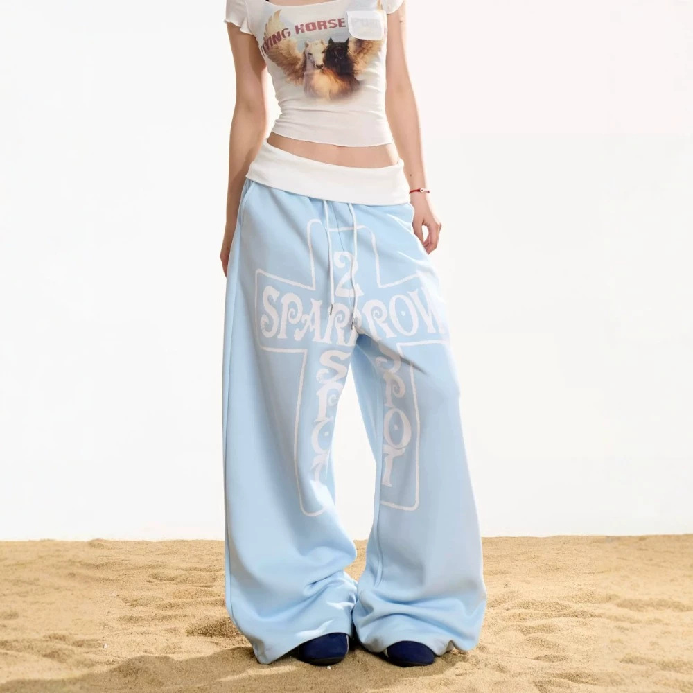Vintage Letter Print Drawstring Wide Leg Cotton Sweatpants photo 1