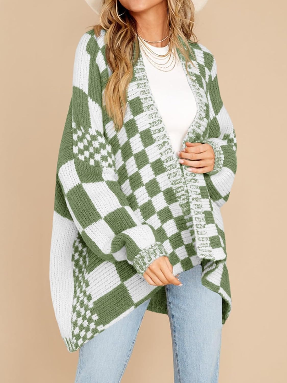 High-end Large-check Color-block Knit Cardigan photo 4