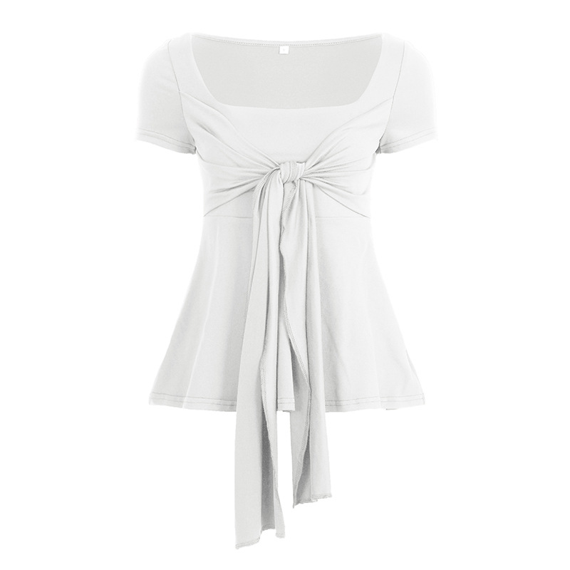 Summer Womens Retro Bow-tie Square-neck Loose-fit Short-sleeve Top photo 4