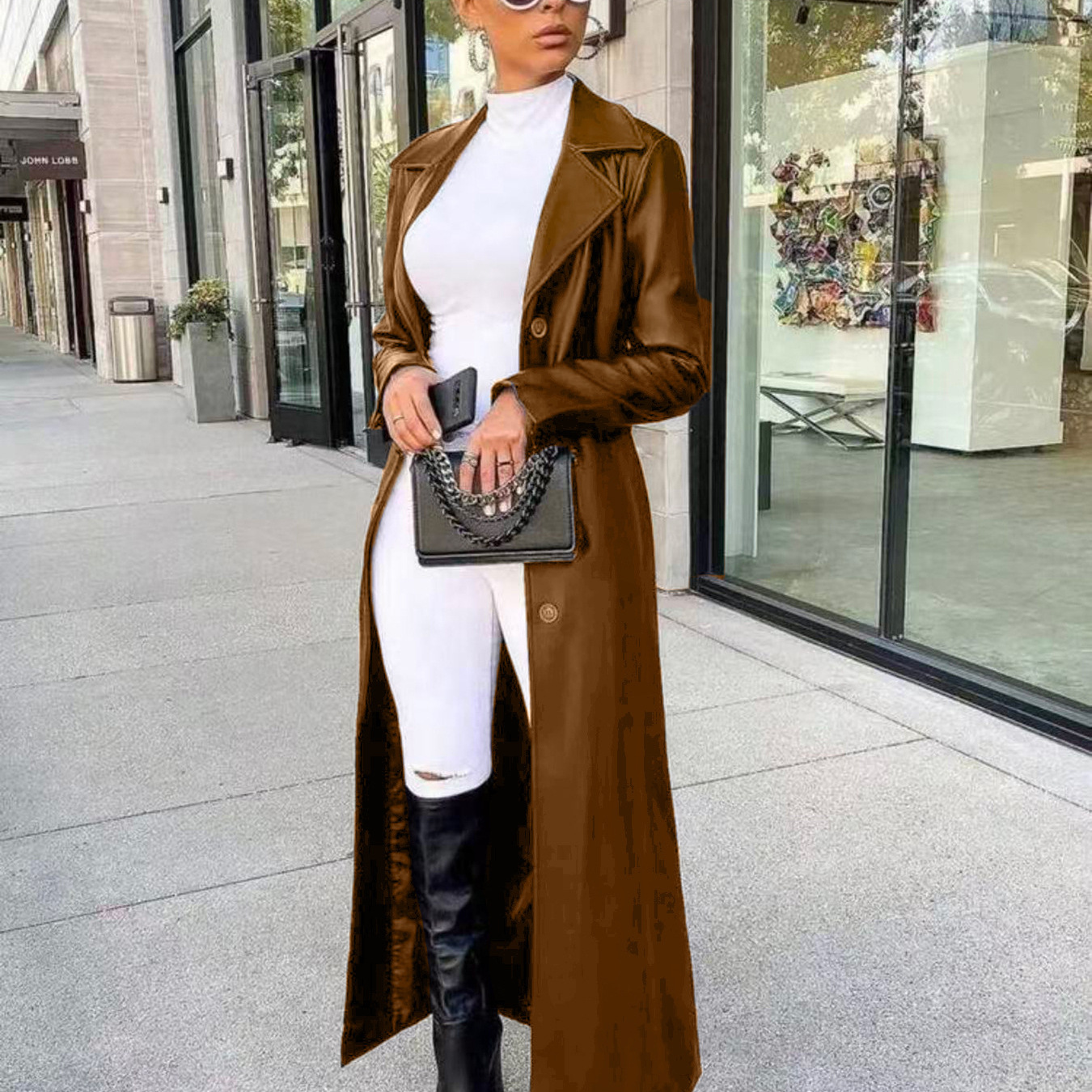European And American-style Long-length Lapel PU Leather Jacket photo 6