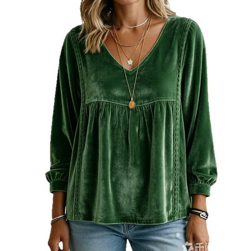 V-neck Lace Velvet Casual Loose-fitting Long-sleeve Top photo 7
