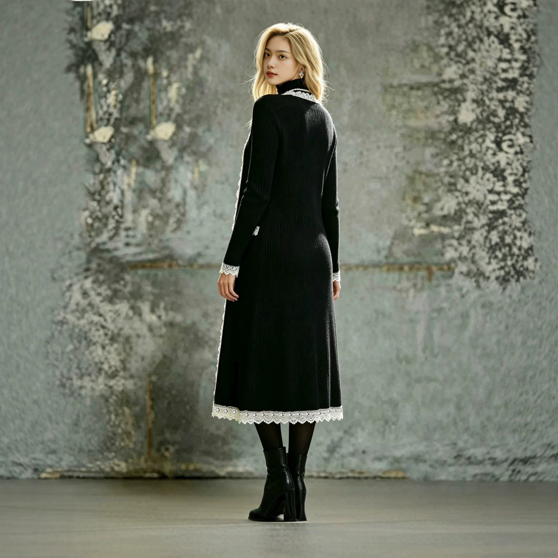 Women's AutumnWinter Knitted Sweater Color-Block Lace Cardigan Coat photo 2
