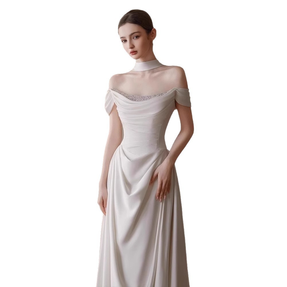 Off-the-shoulder Pleated Waist-cinching French Satin Light Wedding Dress photo 6