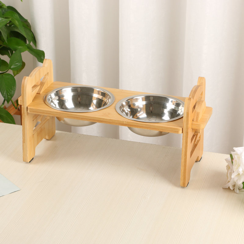 New Bamboo Wood Dogs And Cats Bowl Rack Pet Double Bowl photo 2