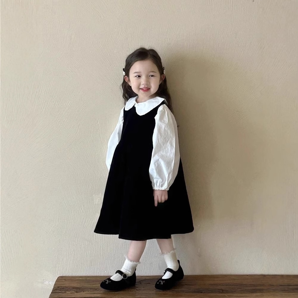 Children's Doll-collar Shirt And Black Vest Dress Set photo 5