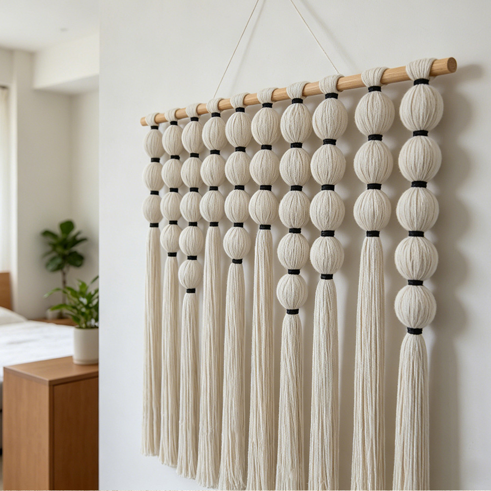 Handmade Bohemian Macrame Wall Hanging With Round Ball Tassels - Woven Tapestry Decor For Home Hotel Background photo 5