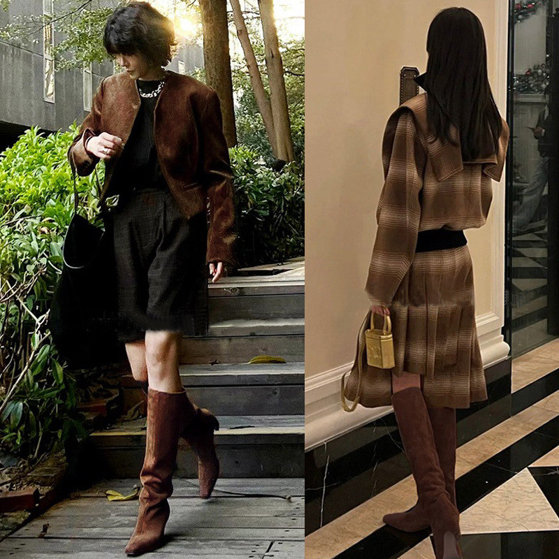 French Minimalist-style Square-toe Kitten-heel Over-the-knee Straight-leg Leather Booties photo 4