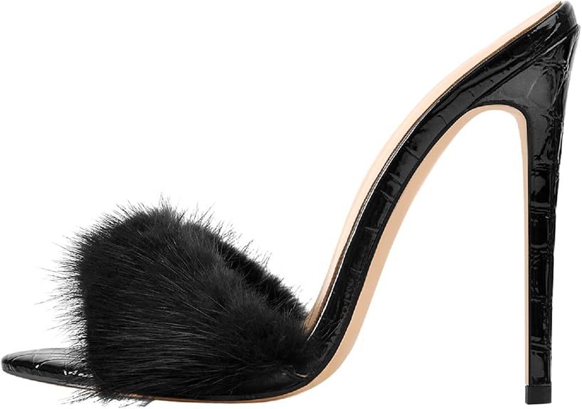 Womens Peep-toe Stiletto Heels Adorned With Faux Fur Trim photo 5