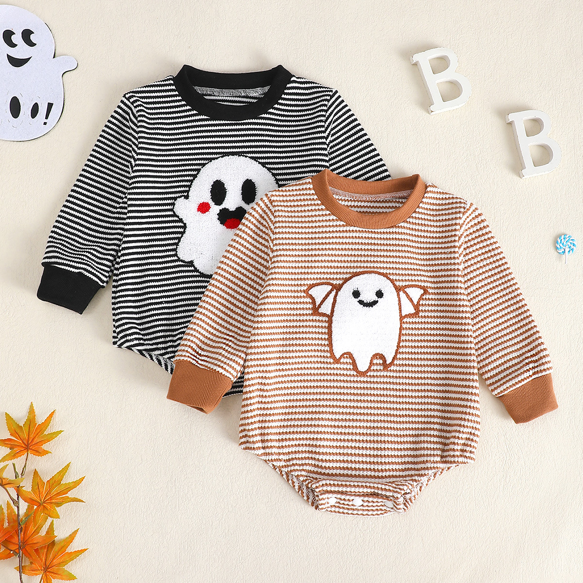 Baby Girl Waffle Knit Striped Long Sleeve Romper with Ghost Embroidery photo 1