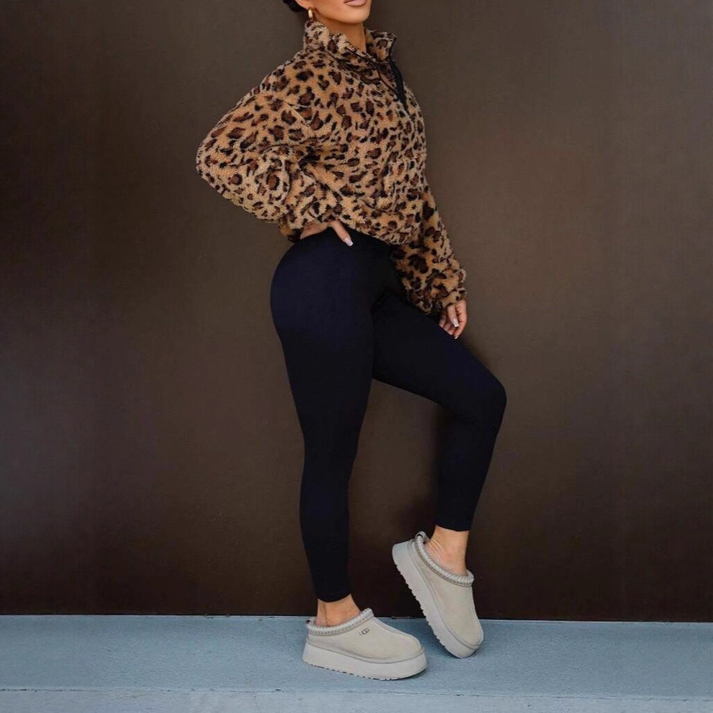 Leopard-print Faux Fur Short Jacket Hoodie For Women photo 5