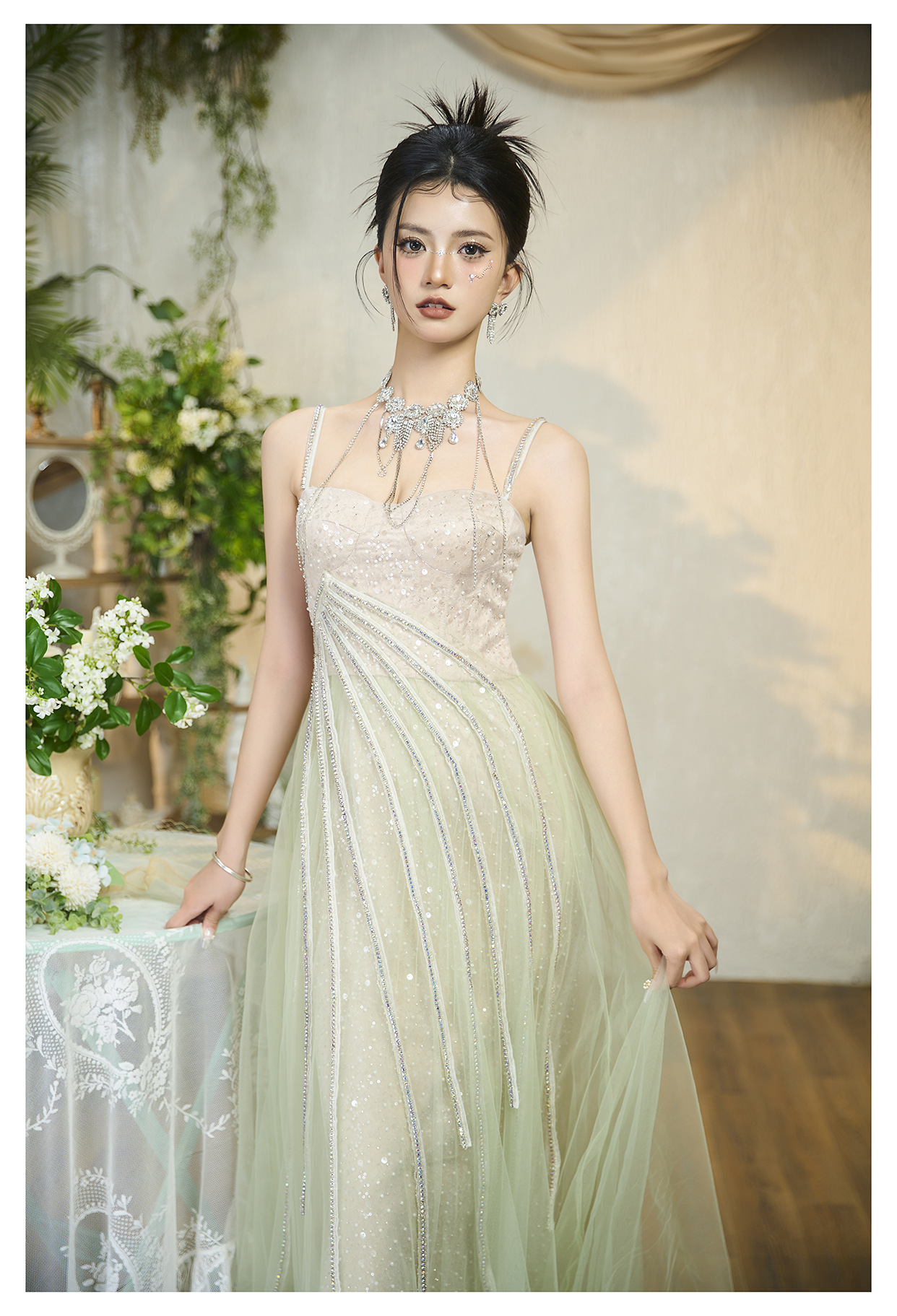 Pale Emerald Green Long-line Waist-cinching Strap Dress photo 2