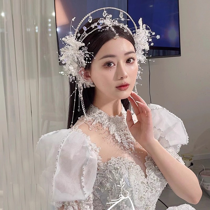 Bridal Crystal Forehead Pendant Headband Tassel Earrings photo 5