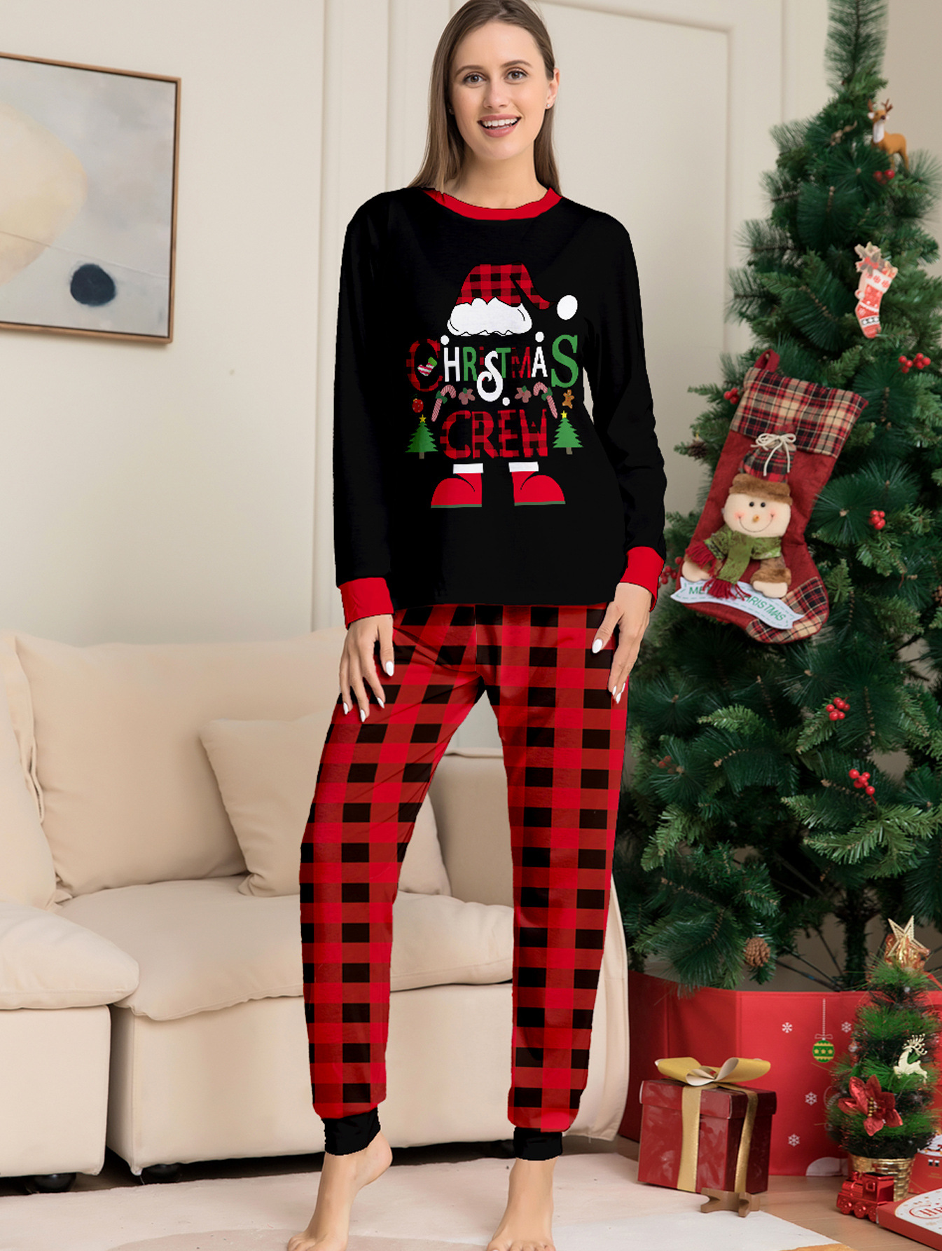 Christmas Hat Cartoon Letters Red And Black Plaid Printed Parent-child Christmas Suit photo 2