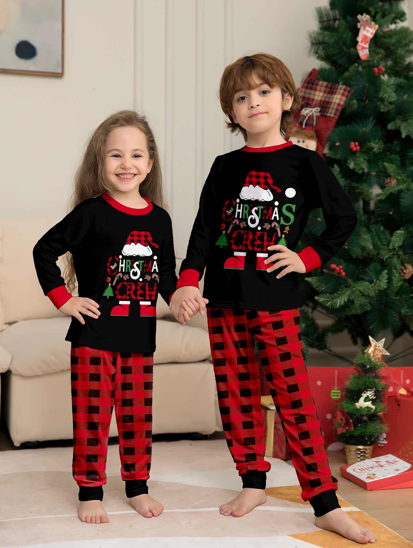 Christmas Hat Cartoon Letters Red And Black Plaid Printed Parent-child Christmas Suit photo 7
