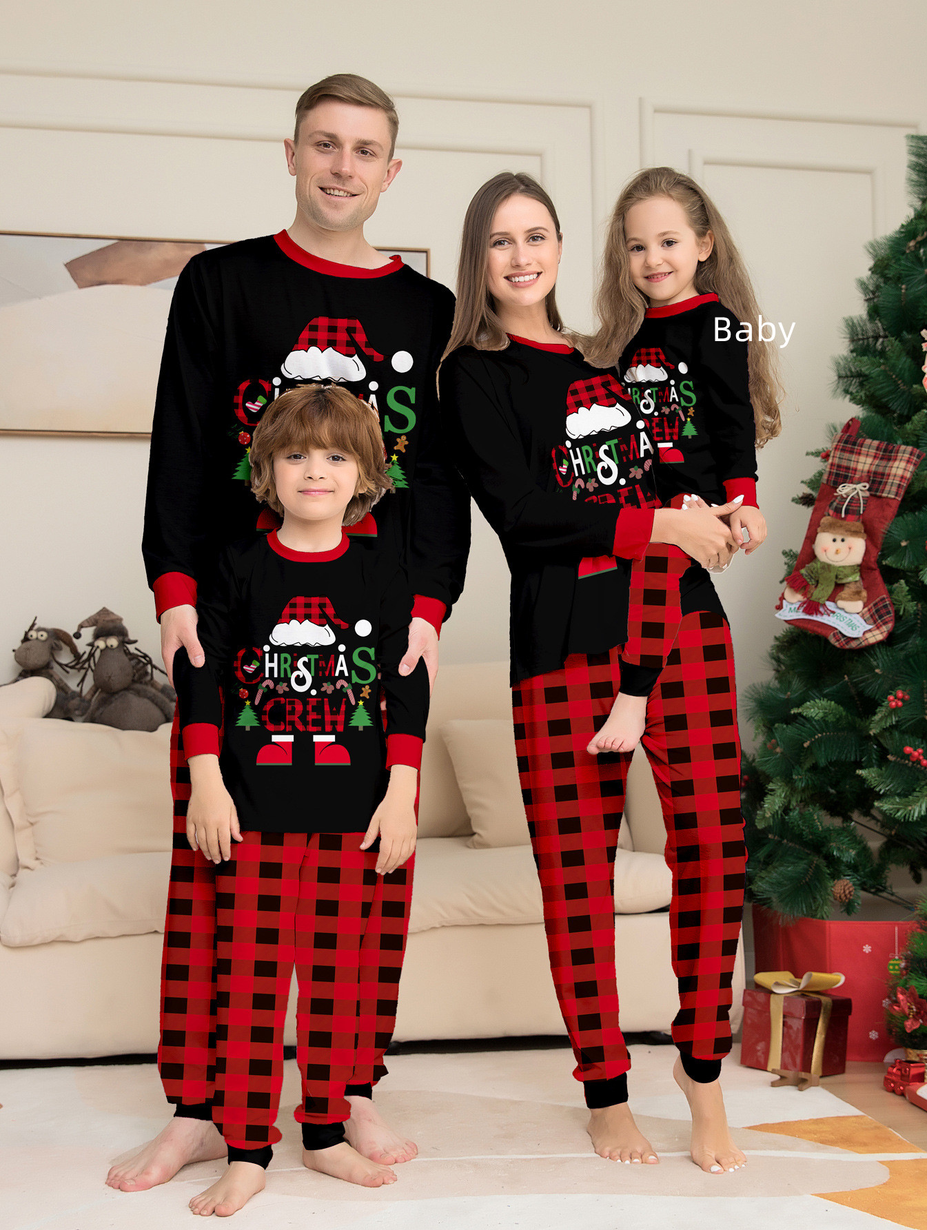 Christmas Hat Cartoon Letters Red And Black Plaid Printed Parent-child Christmas Suit photo 5