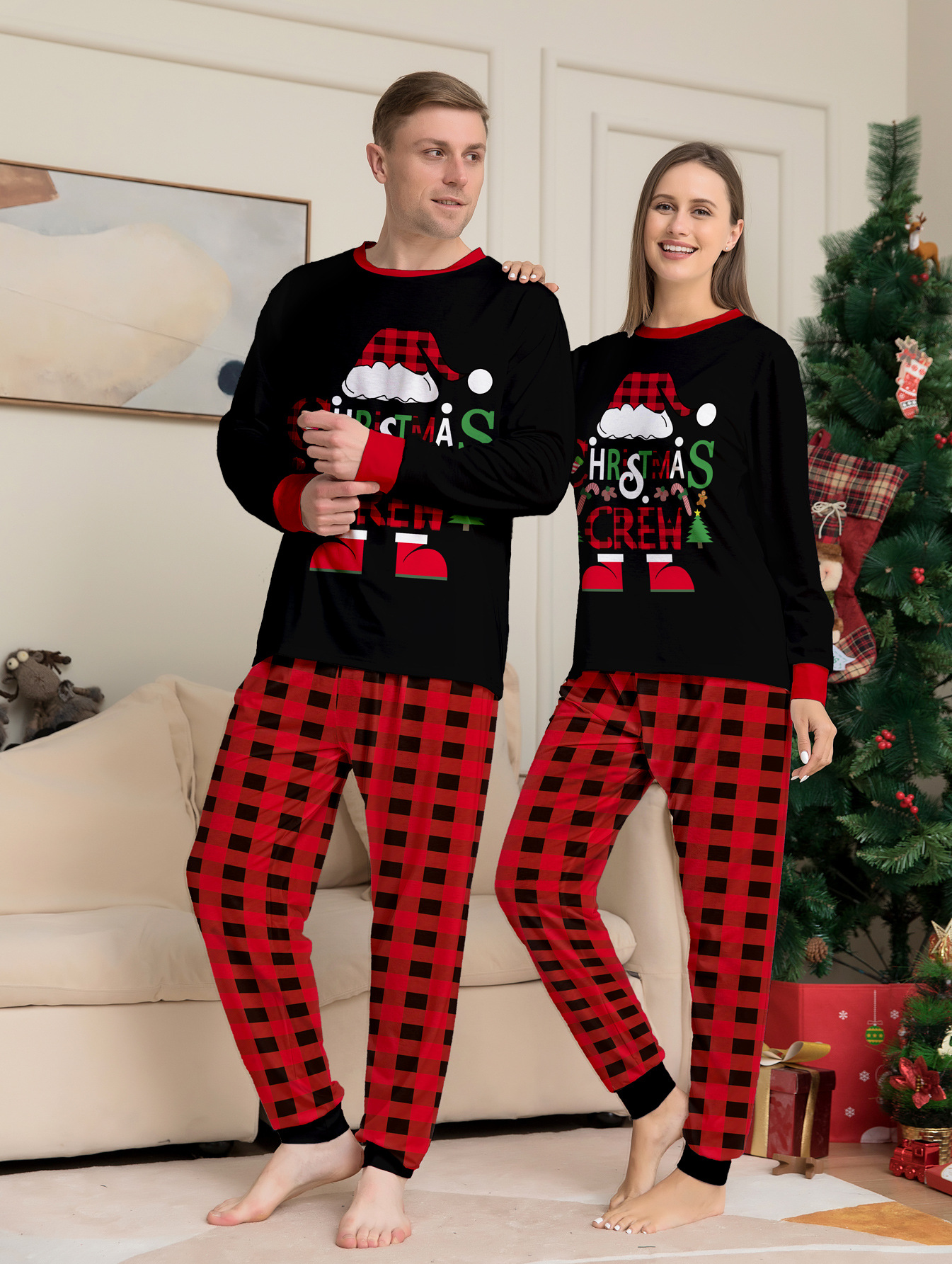 Christmas Hat Cartoon Letters Red And Black Plaid Printed Parent-child Christmas Suit photo 8