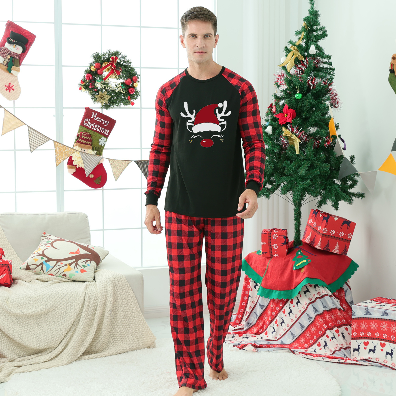 Plaid Stitching Printing Christmas Homewear Parent-child Suit photo 3