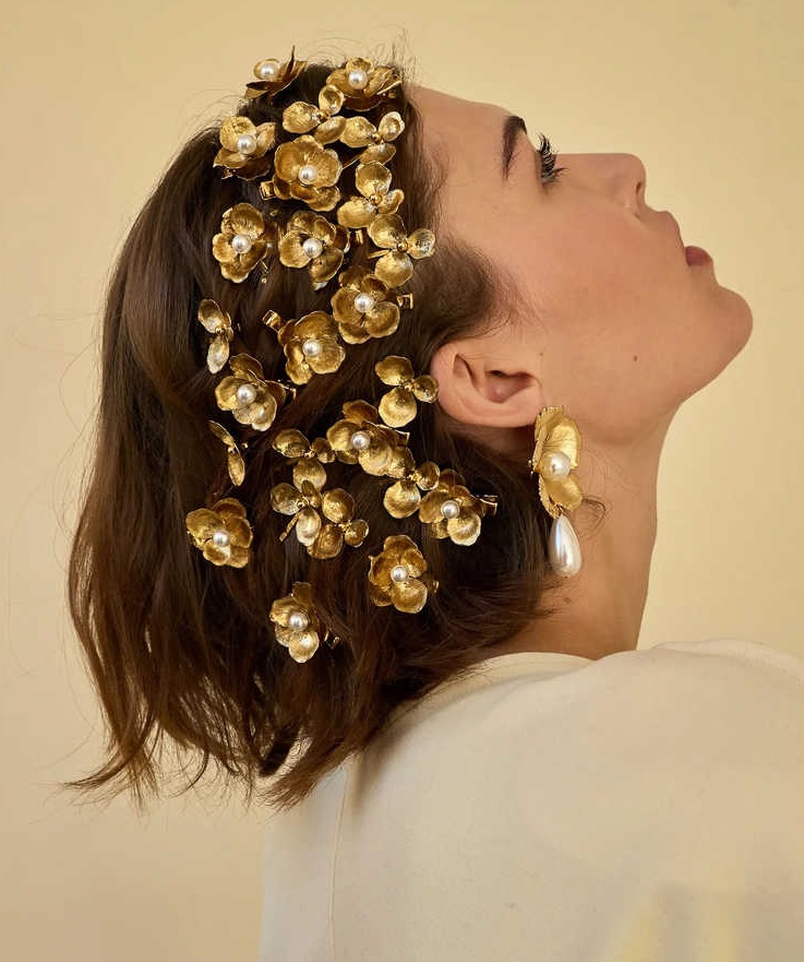 Gold Flower Pearl Barrettes Fashion Bridal Hair Accessories photo 2