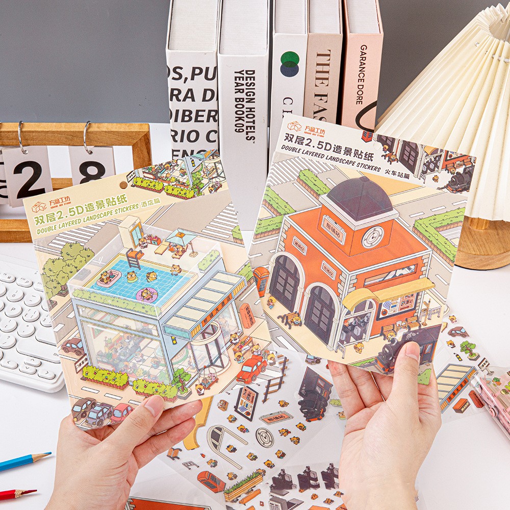 Square Box Workshop Double-layer Landscape Stickers Cute Large photo 1