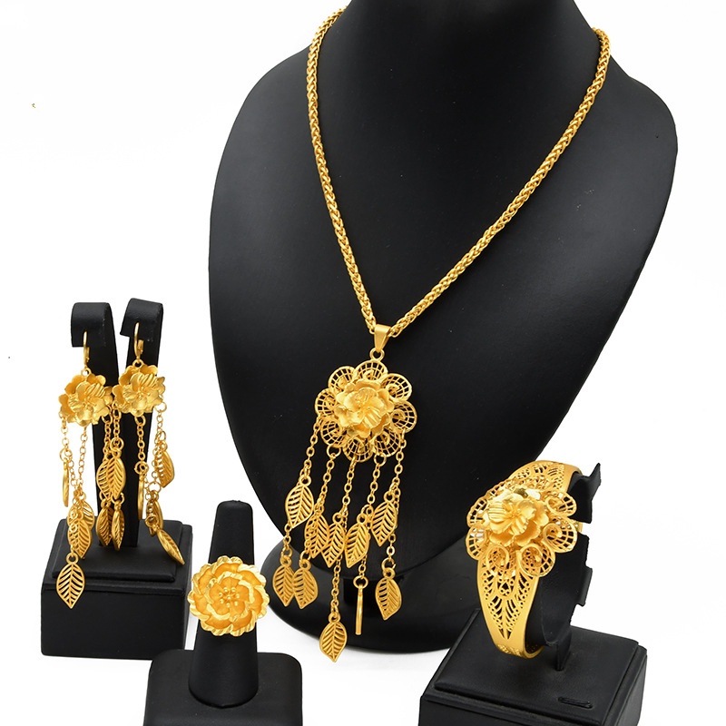 Lady's Flower Necklace Earring Ring Bracelet Copper-plated Gold Jewelry Suit photo 4