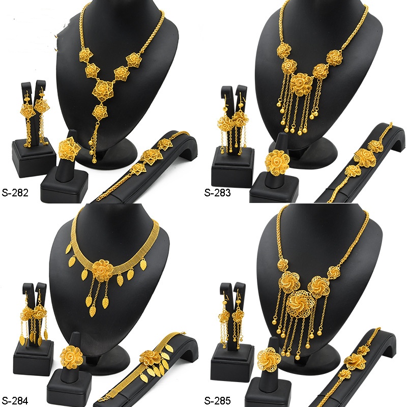 Lady's Flower Necklace Earring Ring Bracelet Copper-plated Gold Jewelry Suit photo 2