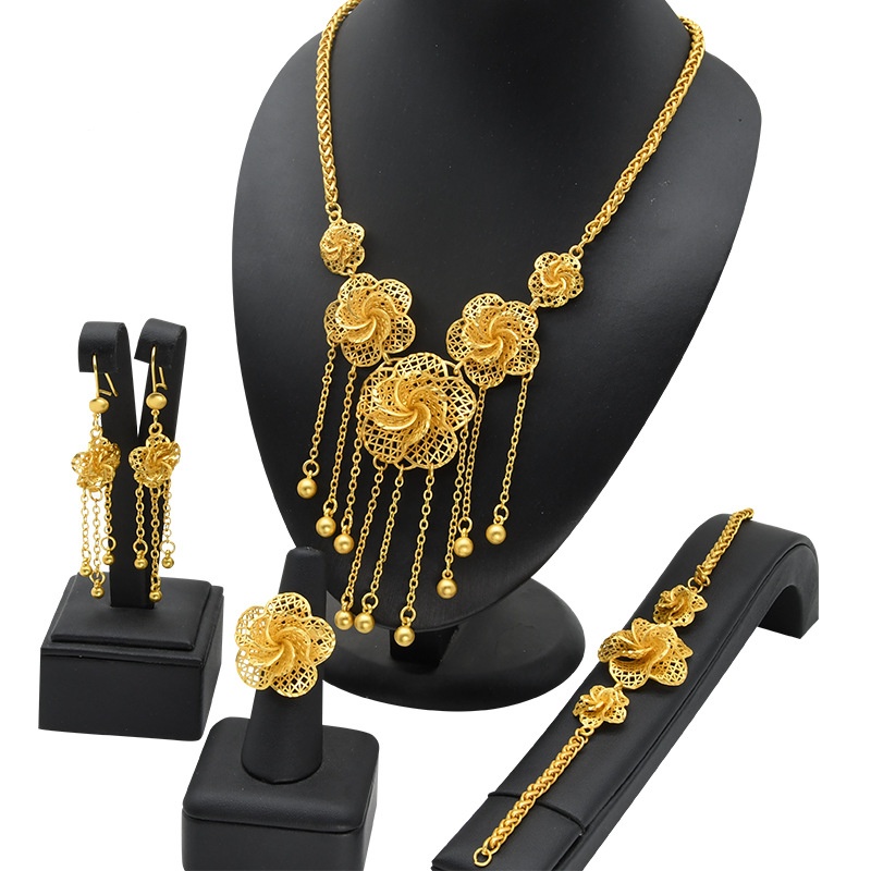 Lady's Flower Necklace Earring Ring Bracelet Copper-plated Gold Jewelry Suit photo 5