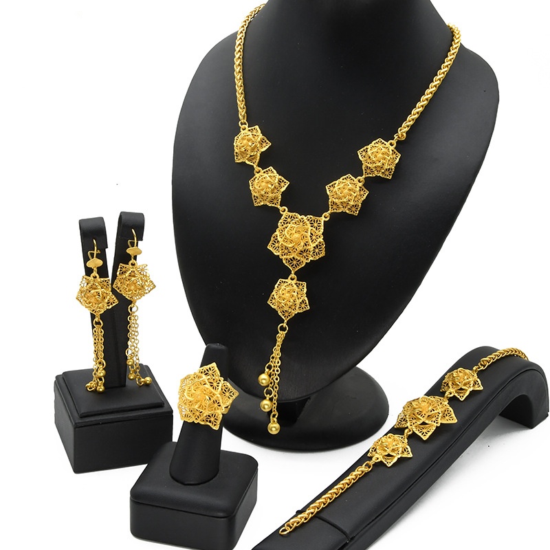 Lady's Flower Necklace Earring Ring Bracelet Copper-plated Gold Jewelry Suit photo 3