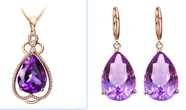 Quality Ear Hook Purple Gemstone Diamond Ring Rose Gold Collarbone Necklace Set photo 4