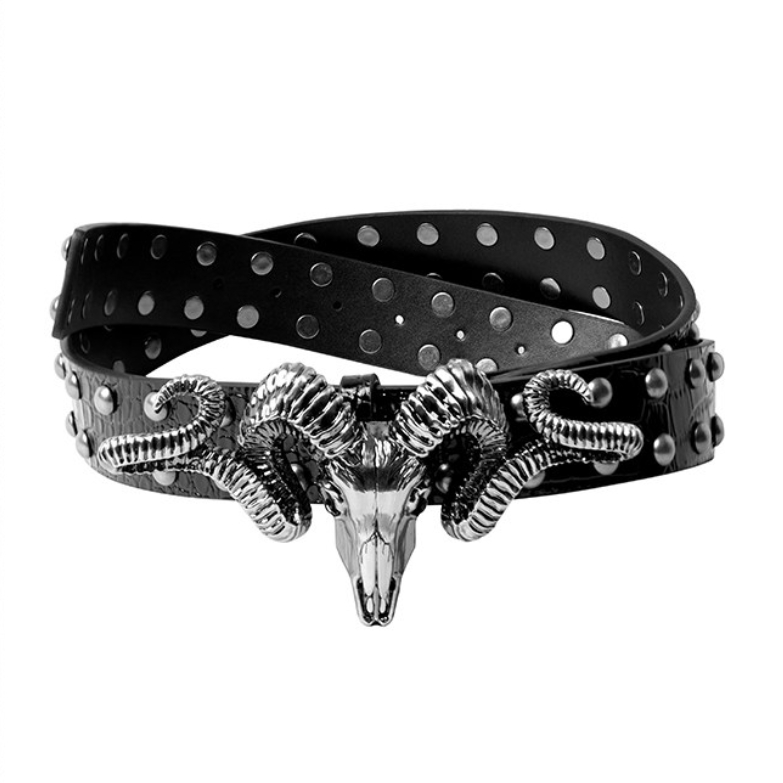 Distressed Skull And Sheep-head Belt Made From Full-grain Cowhide photo 1