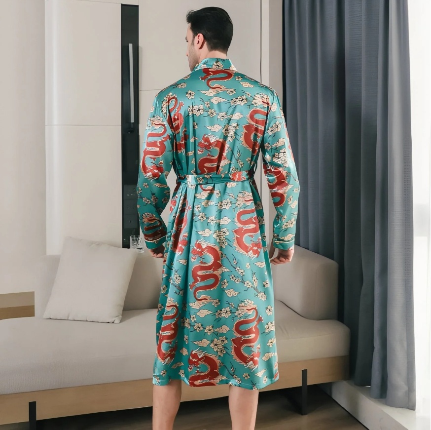 Summer Ice-silk Long-style Wearable Ice-silk Youth Long-sleeve Loungewear Mens Nightgown Thin Style photo 5