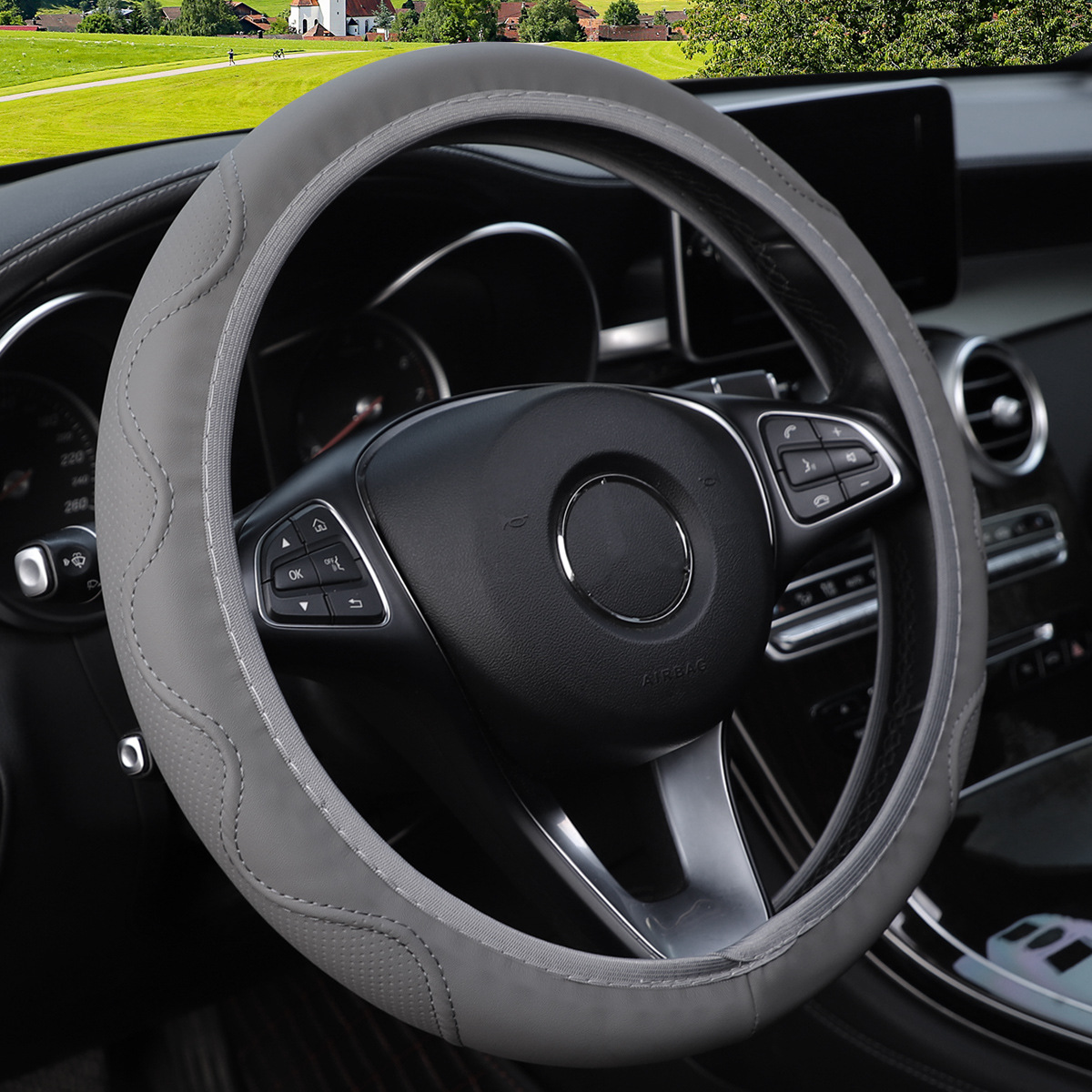 Fiber Leather Embossed Corrugated Elastic Stretch Steering Wheel Cover photo 3