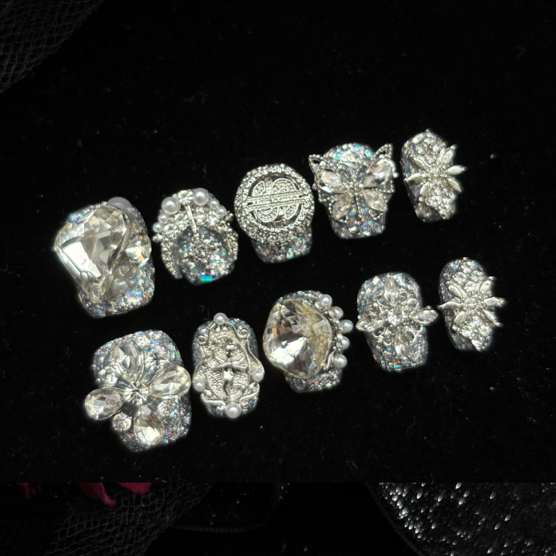 Handmade Press-on Nails In Pink, Sparkling Roses With Full Rhinestone Embellishmentsdazzling Short-style Nails That Enhance Your Complexion, Perfect For The Back-to-school Season photo 1