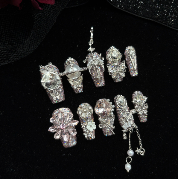 Handmade Press-on Nails In Pink, Sparkling Roses With Full Rhinestone Embellishmentsdazzling Short-style Nails That Enhance Your Complexion, Perfect For The Back-to-school Season photo 3