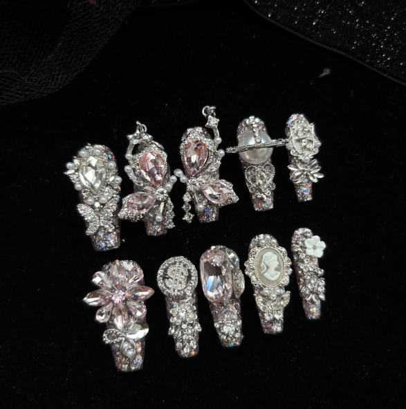 Handmade Press-on Nails In Pink, Sparkling Roses With Full Rhinestone Embellishmentsdazzling Short-style Nails That Enhance Your Complexion, Perfect For The Back-to-school Season photo 6