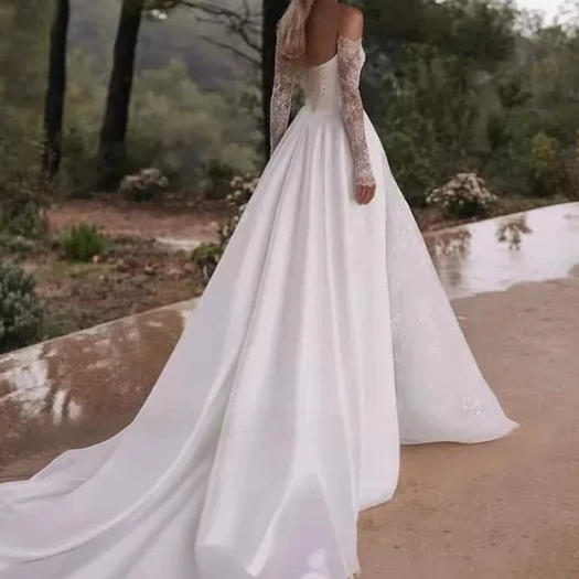 Long Sleeve Off Shoulder Wedding Dress Elegant Train Bridal Gown For Ceremony Reception photo 5