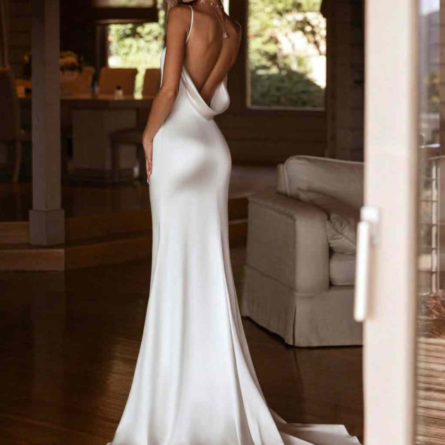 Satin Spaghetti Strap Mermaid Wedding Dress Elegant Bridal Gown For Women photo 7