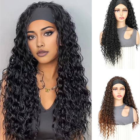Womens Short Curly Wig With Headscarf Long Afro Puff Wig Cap photo 1