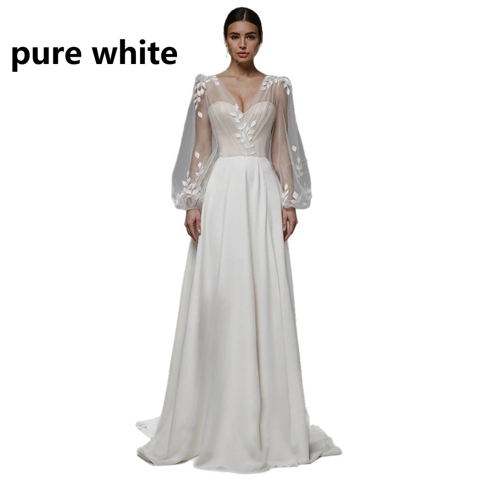 V-neck Sheer Bubble Long-sleeve Three-dimensional Floral Satin Wedding Dress photo 5