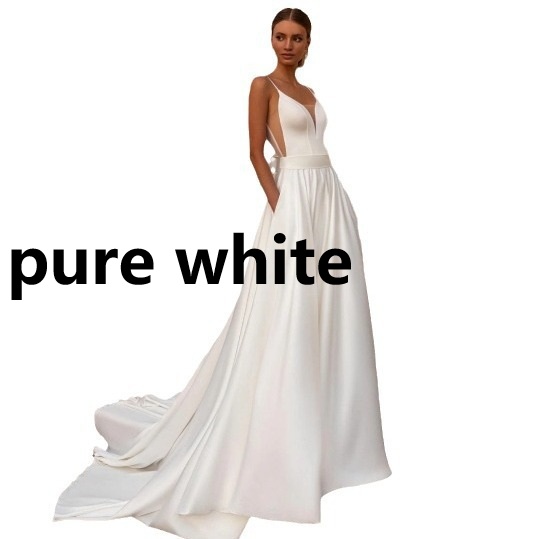 Simple Deep-V Strap Satin Wedding Dress photo 6
