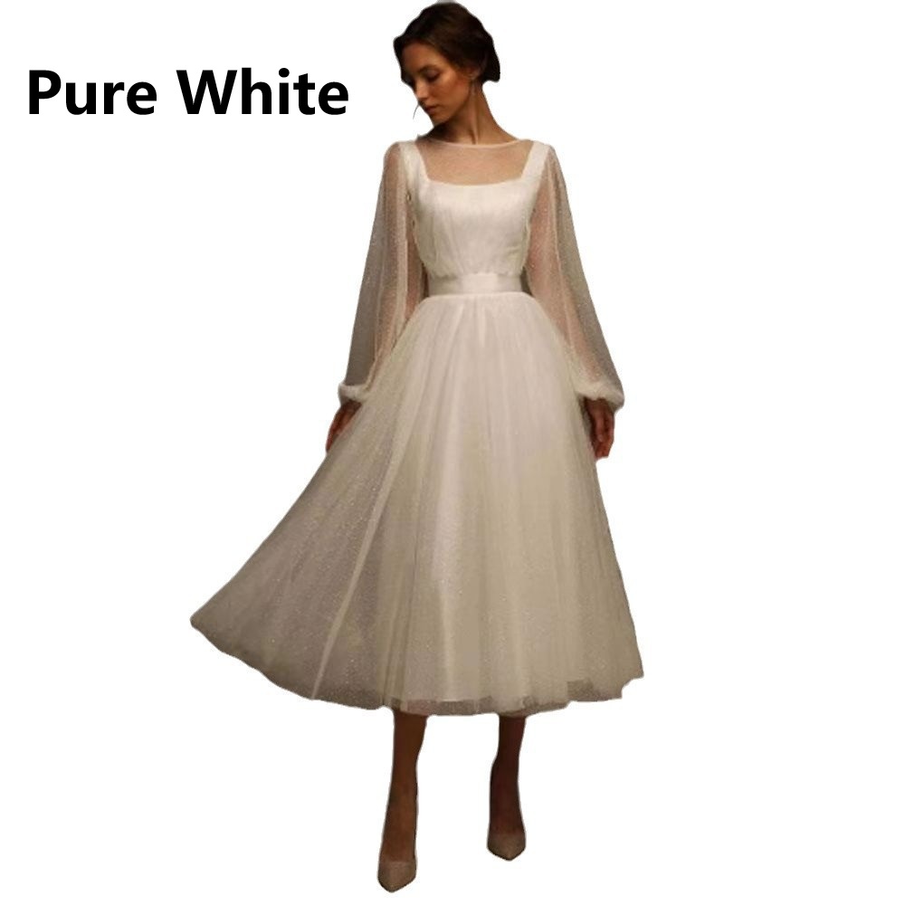 French-style Vintage Square-neck Midi Light Wedding Dress photo 6
