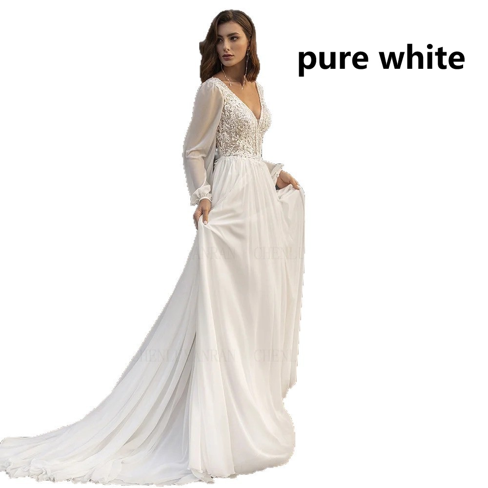French-style V-neck Long-sleeved Lace Light Wedding Dress photo 3