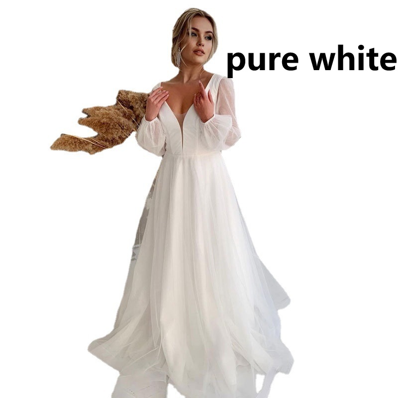 French-style Deep-V Bubble Long-sleeve Light Wedding Dress photo 6