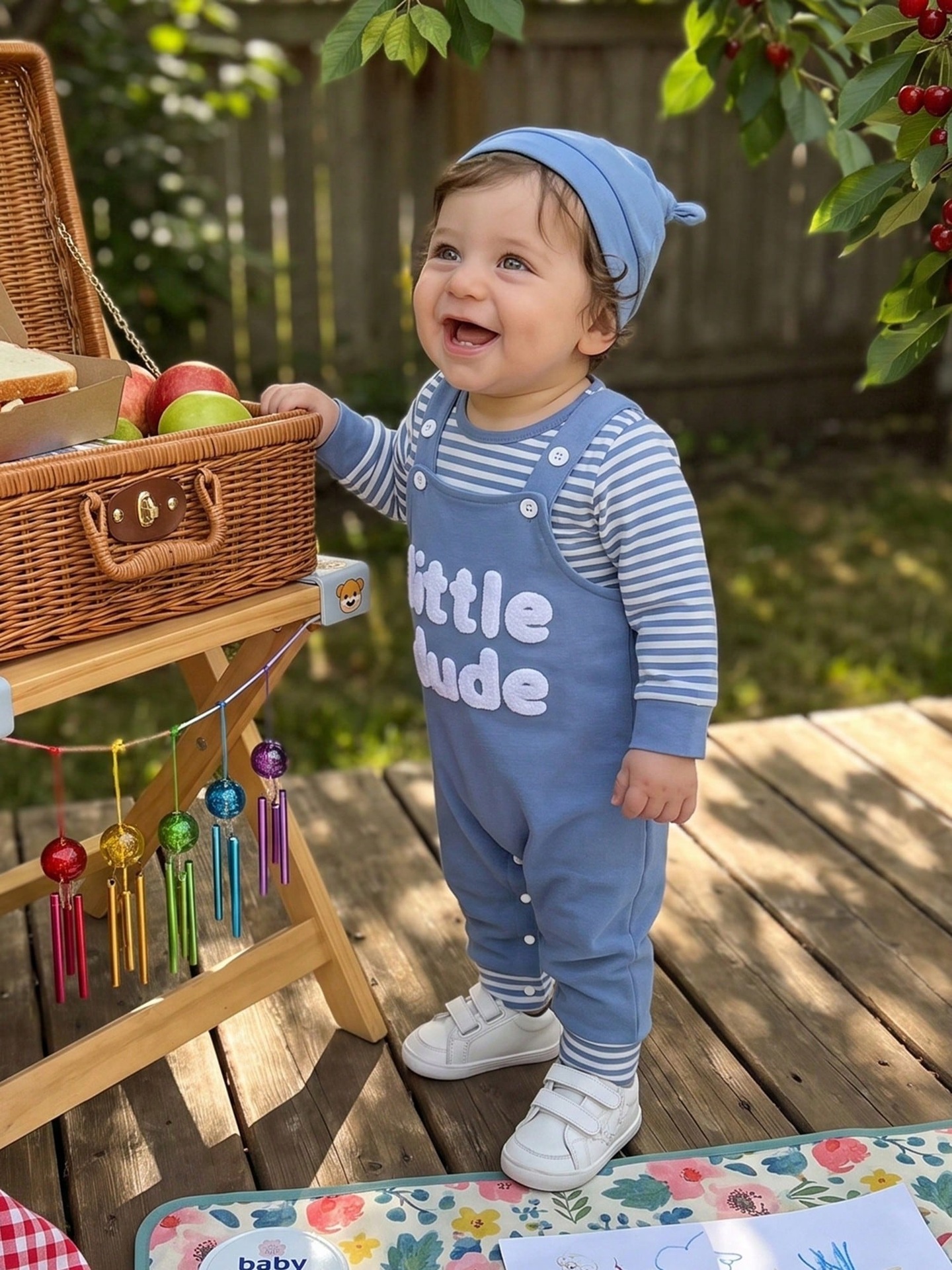 Baby And Toddler Striped Long-sleeve Romper Suspender Pants And Hat Set photo 3