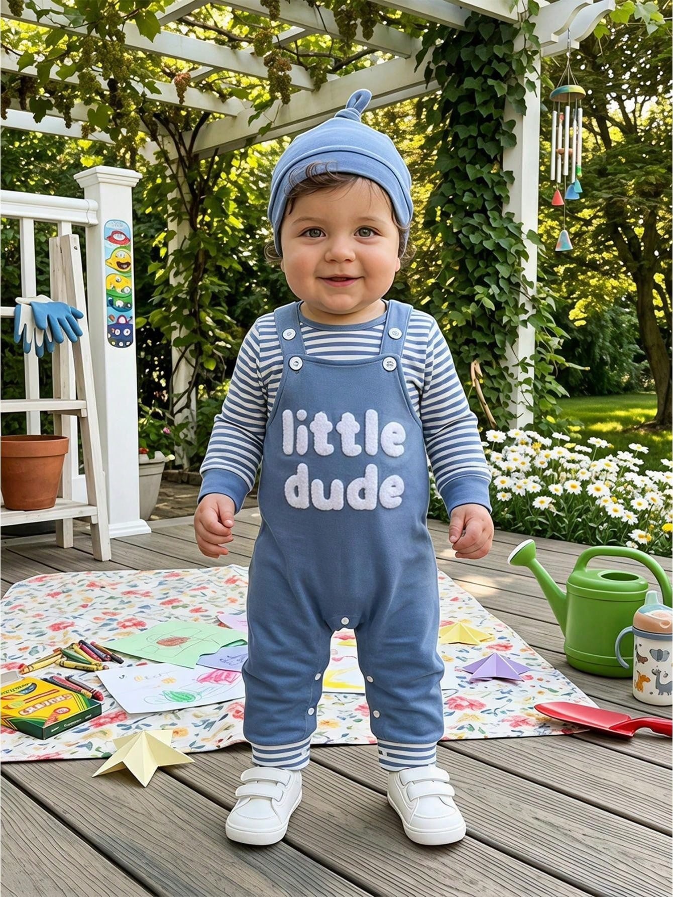 Baby And Toddler Striped Long-sleeve Romper Suspender Pants And Hat Set photo 6