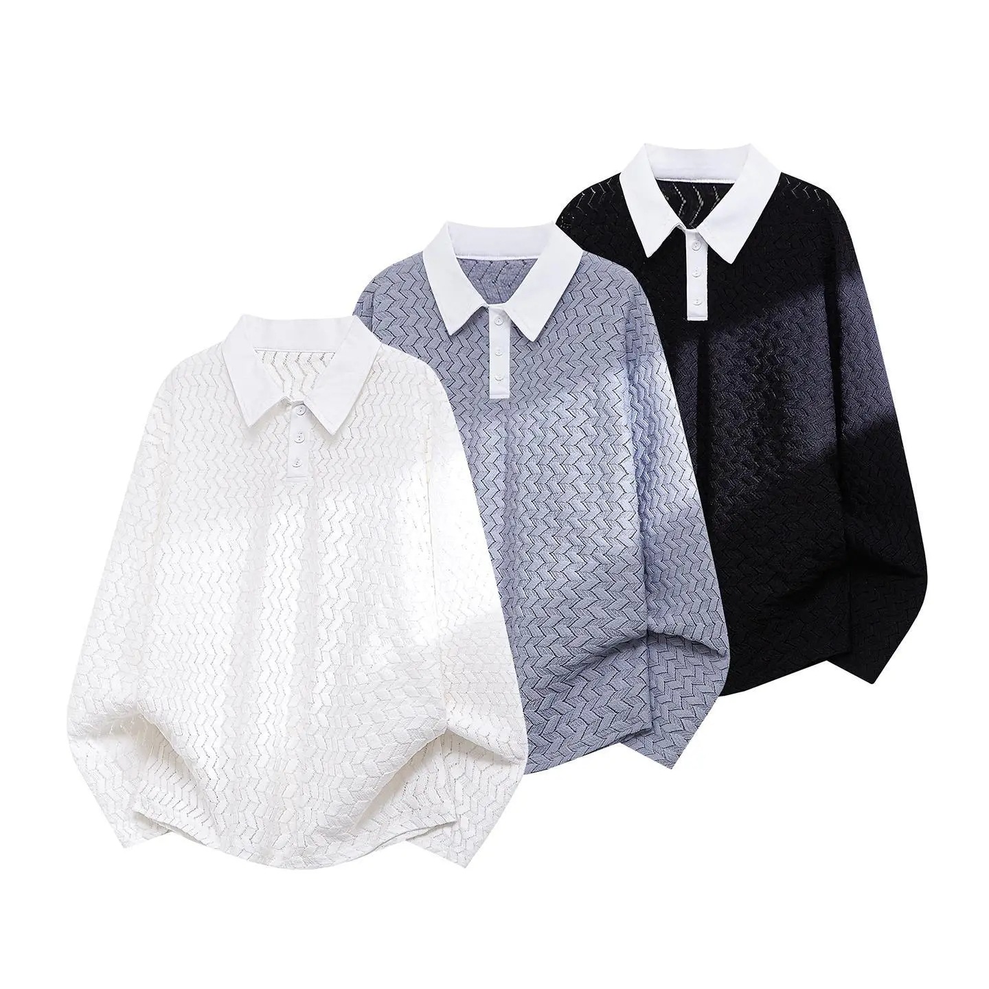 Contrast-color Lapel Hollow-out Long-sleeve Top photo 4