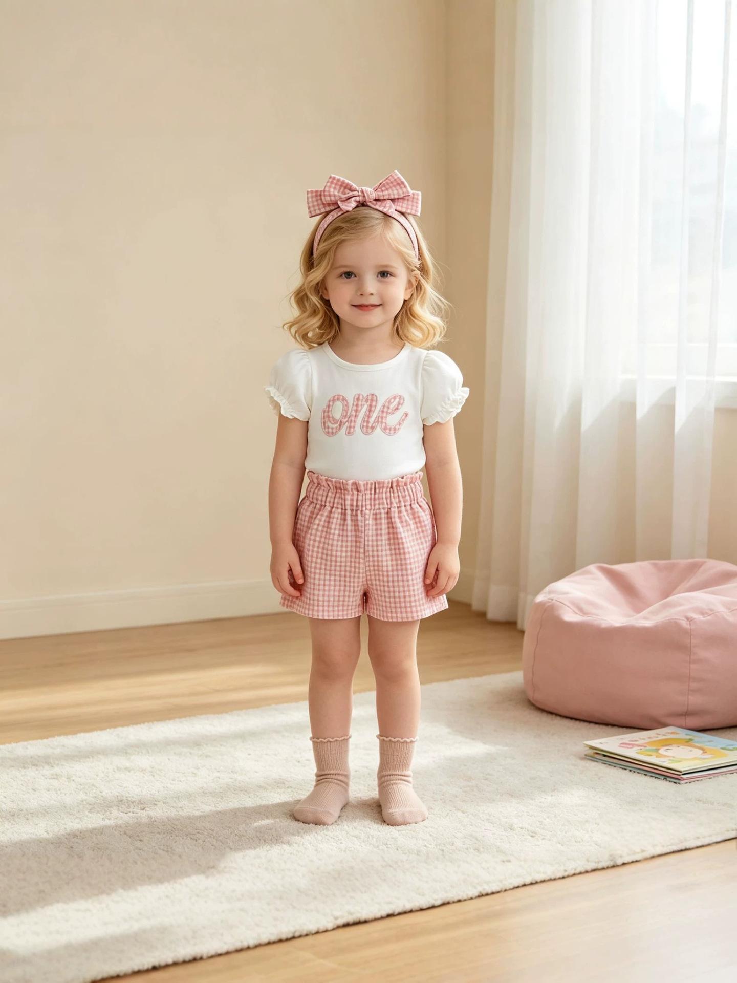2026 New-Style Girls Plaid Birthday Romper And Shorts With Headscarf Set photo 5