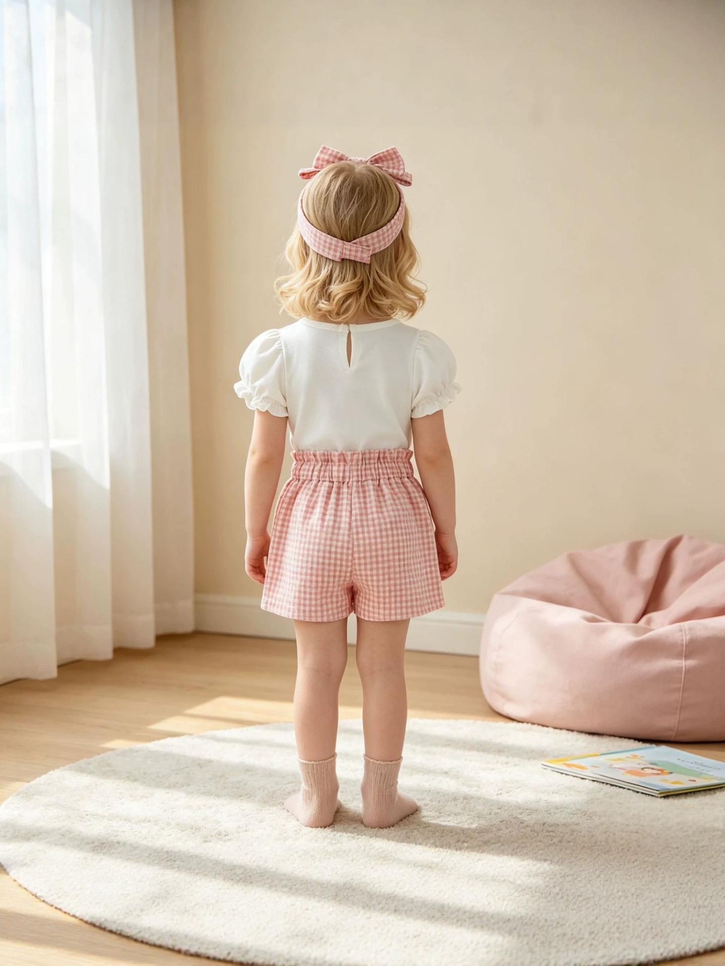 2026 New-Style Girls Plaid Birthday Romper And Shorts With Headscarf Set photo 4