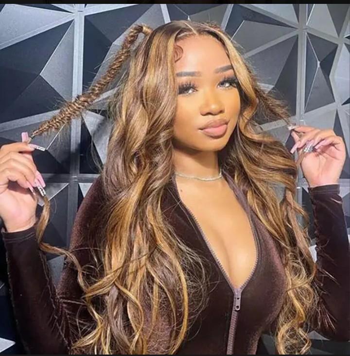 24inch Brown Highlight Body Wave Wear Go Wig 7x5 Lace Closure 180% Color Draw String Glueless Wig photo 4