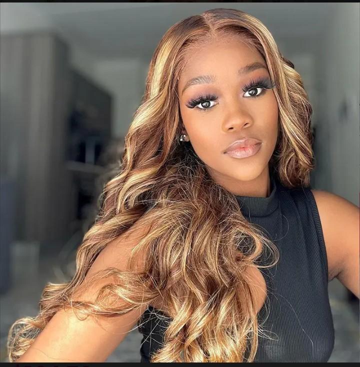 24inch Brown Highlight Body Wave Wear Go Wig 7x5 Lace Closure 180% Color Draw String Glueless Wig photo 5