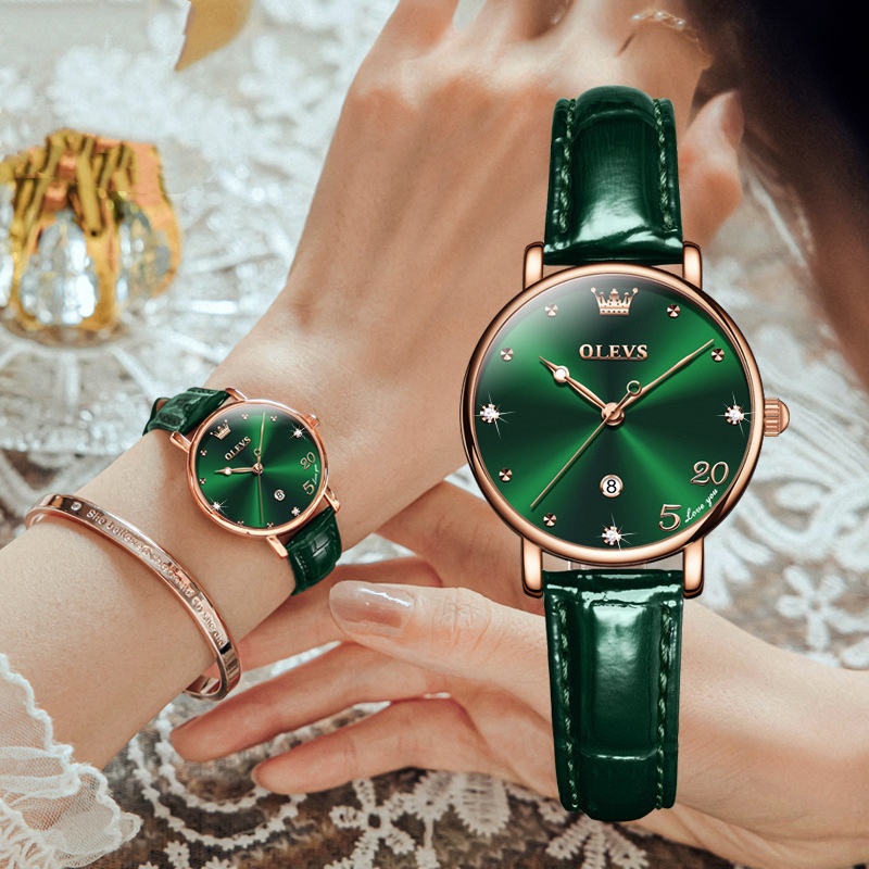 Trendy Quartz Watch With A Small Green Dial Minimalist Leather Strap photo 1